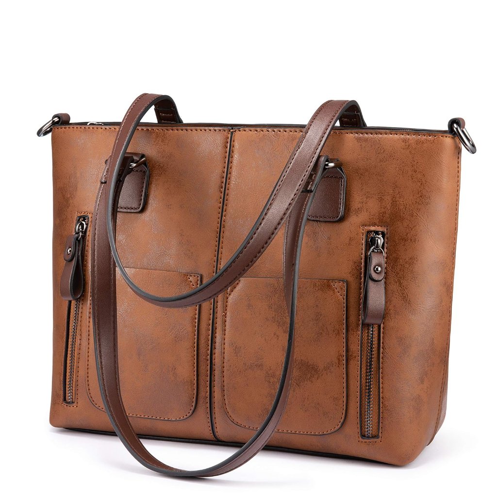Large Leather Tote Bag Vintage Elegant Work Satchel Multi-Pocket Hobo